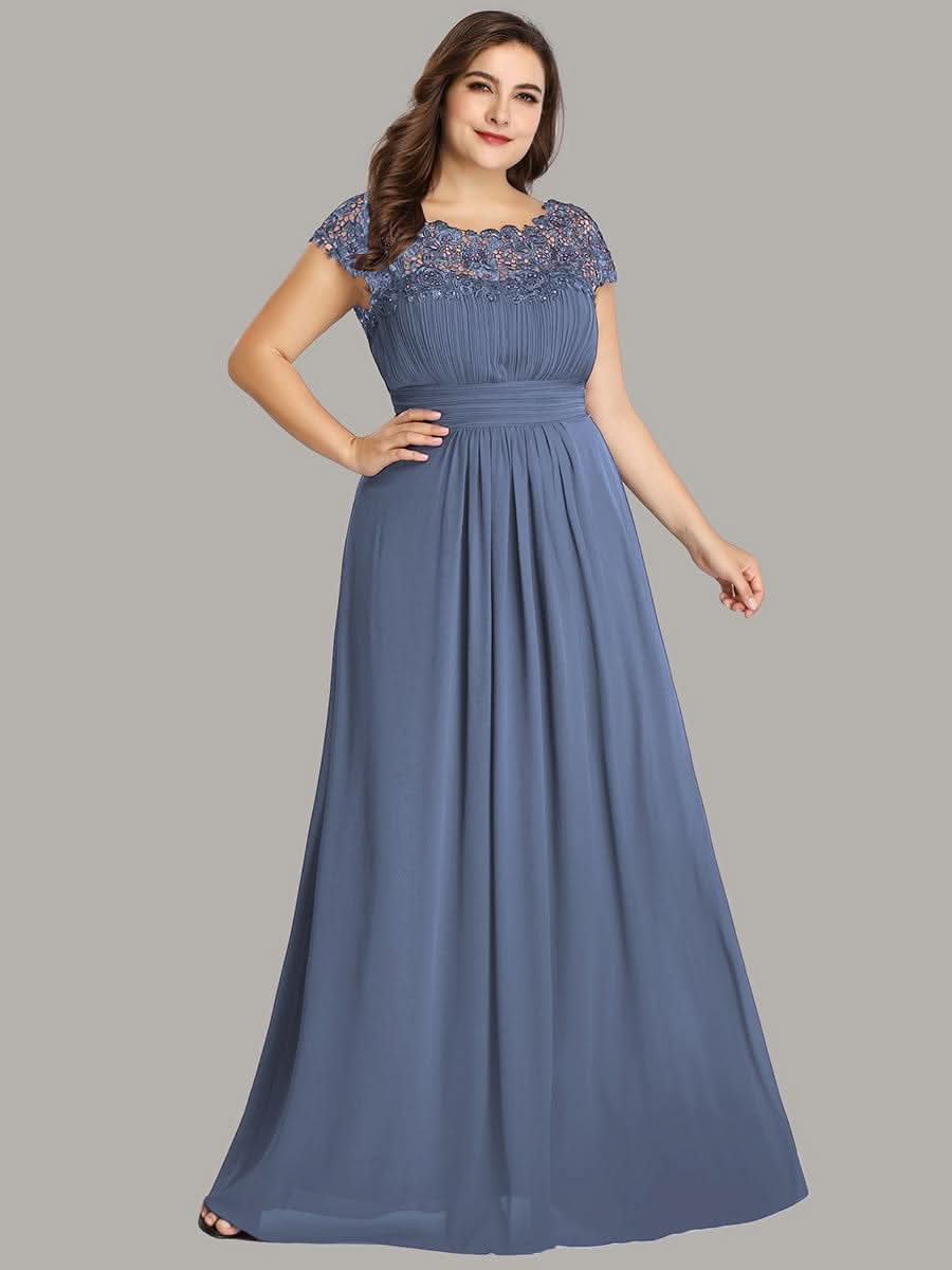 Color=Dusty Navy | Damen Lace Rueckseite Offen Kurzarme Chiffon Lange Abendkleider 09993-Dusty Navy 5