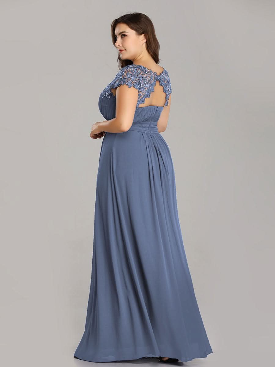 Color=Dusty Navy | Damen Lace Rueckseite Offen Kurzarme Chiffon Lange Abendkleider 09993-Dusty Navy 6