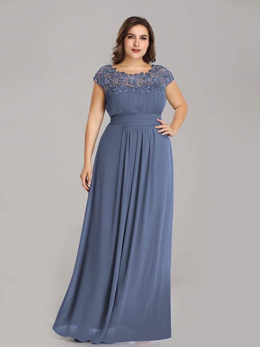 Color=Dusty Navy | Damen Lace Rueckseite Offen Kurzarme Chiffon Lange Abendkleider 09993-Dusty Navy 8
