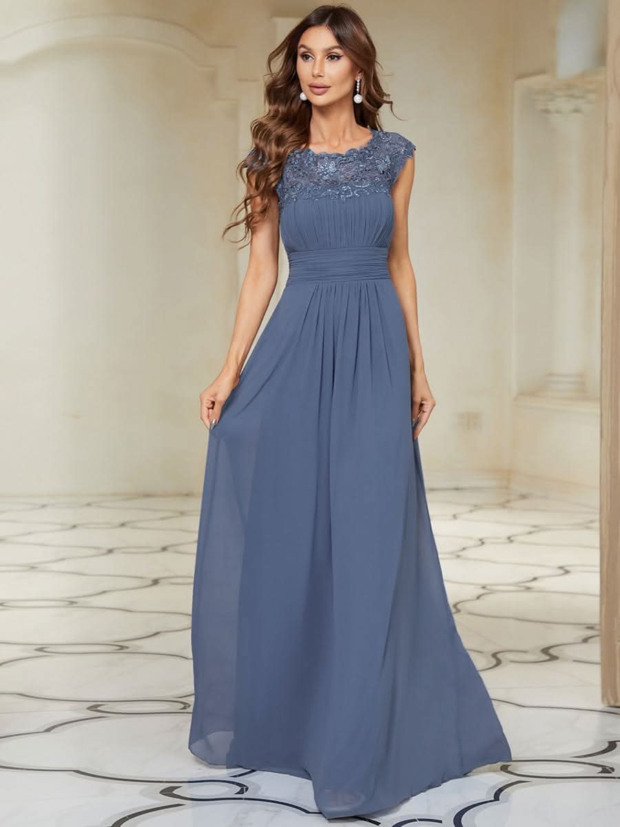 Color=Dusty Navy | Damen Lace Rueckseite Offen Kurzarme Chiffon Lange Abendkleider 09993-Dusty Navy 1