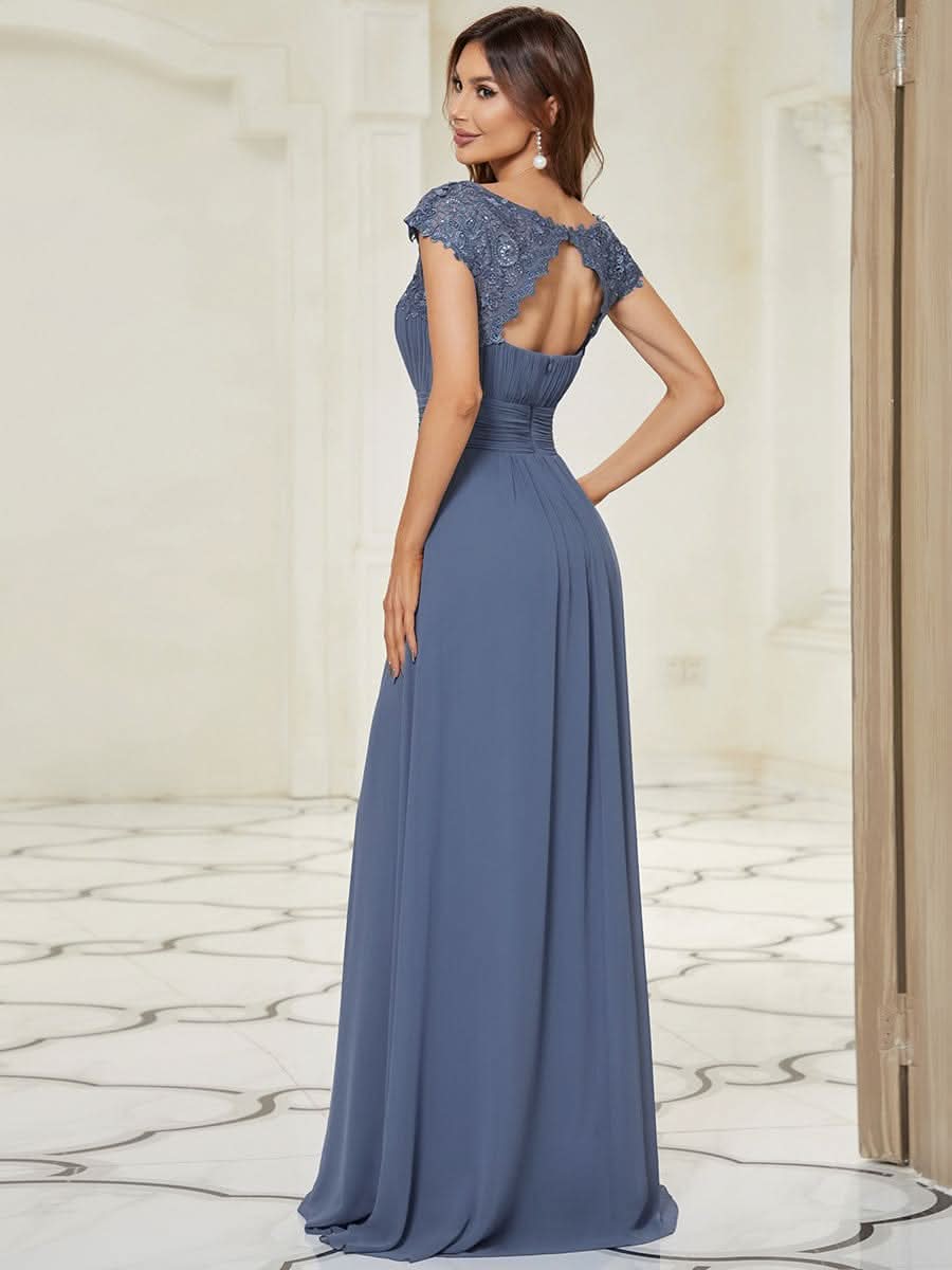 Color=Dusty Navy | Damen Lace Rueckseite Offen Kurzarme Chiffon Lange Abendkleider 09993-Dusty Navy 2