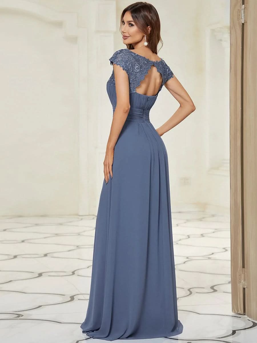 Größe Nach Maß Damen Kurzarm Spitze&Chiffon Lange Abendkleider mit offenem Rücken 09996 #Farbe_Dusty Navy
