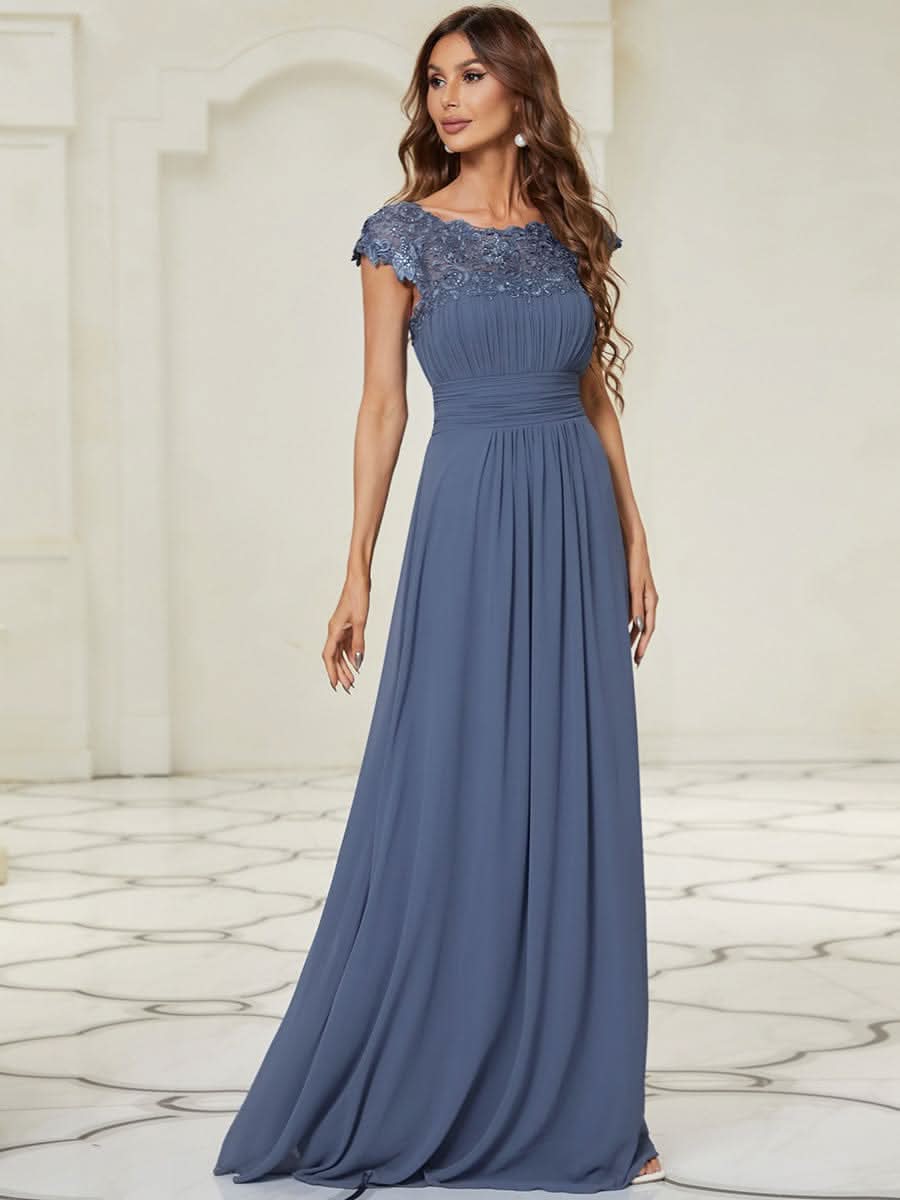 Color=Dusty Navy | Damen Lace Rueckseite Offen Kurzarme Chiffon Lange Abendkleider 09993-Dusty Navy 3