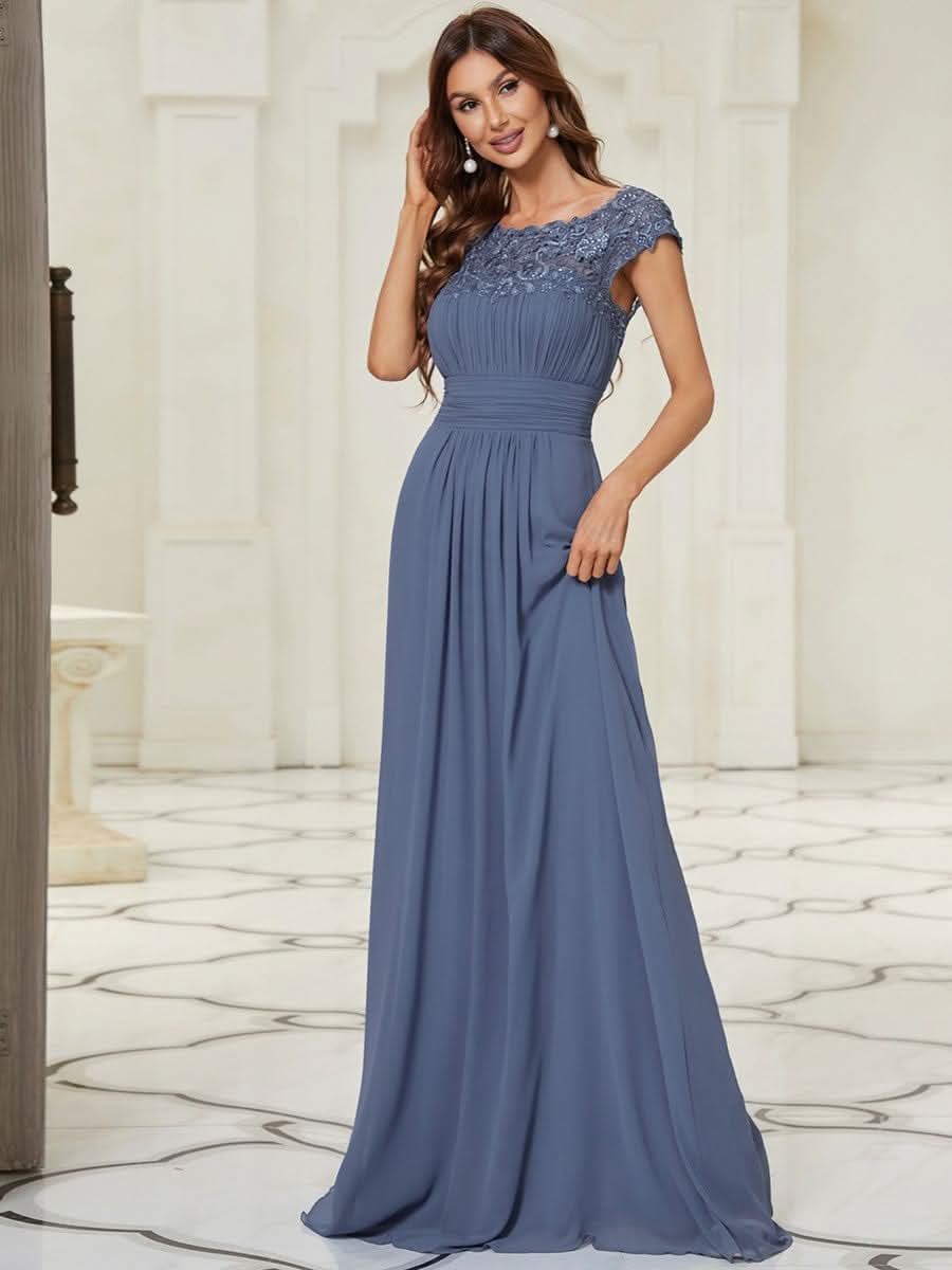 Color=Dusty Navy | Damen Lace Rueckseite Offen Kurzarme Chiffon Lange Abendkleider 09993-Dusty Navy 4