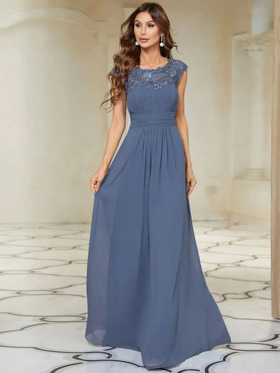 Größe Nach Maß Damen Kurzarm Spitze&Chiffon Lange Abendkleider mit offenem Rücken 09996