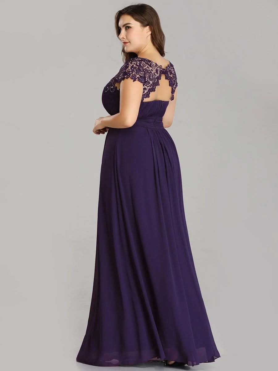 Größe Nach Maß Damen Kurzarm Spitze&Chiffon Lange Abendkleider mit offenem Rücken 09996 #Farbe_Dunkel Violett