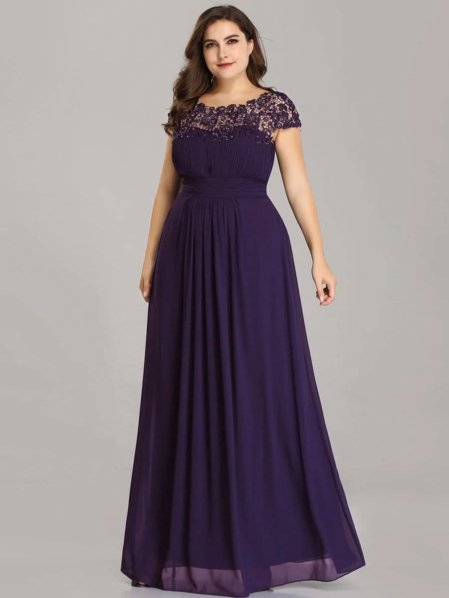Größe Nach Maß Damen Kurzarm Spitze&Chiffon Lange Abendkleider mit offenem Rücken 09996 #Farbe_Dunkel Violett