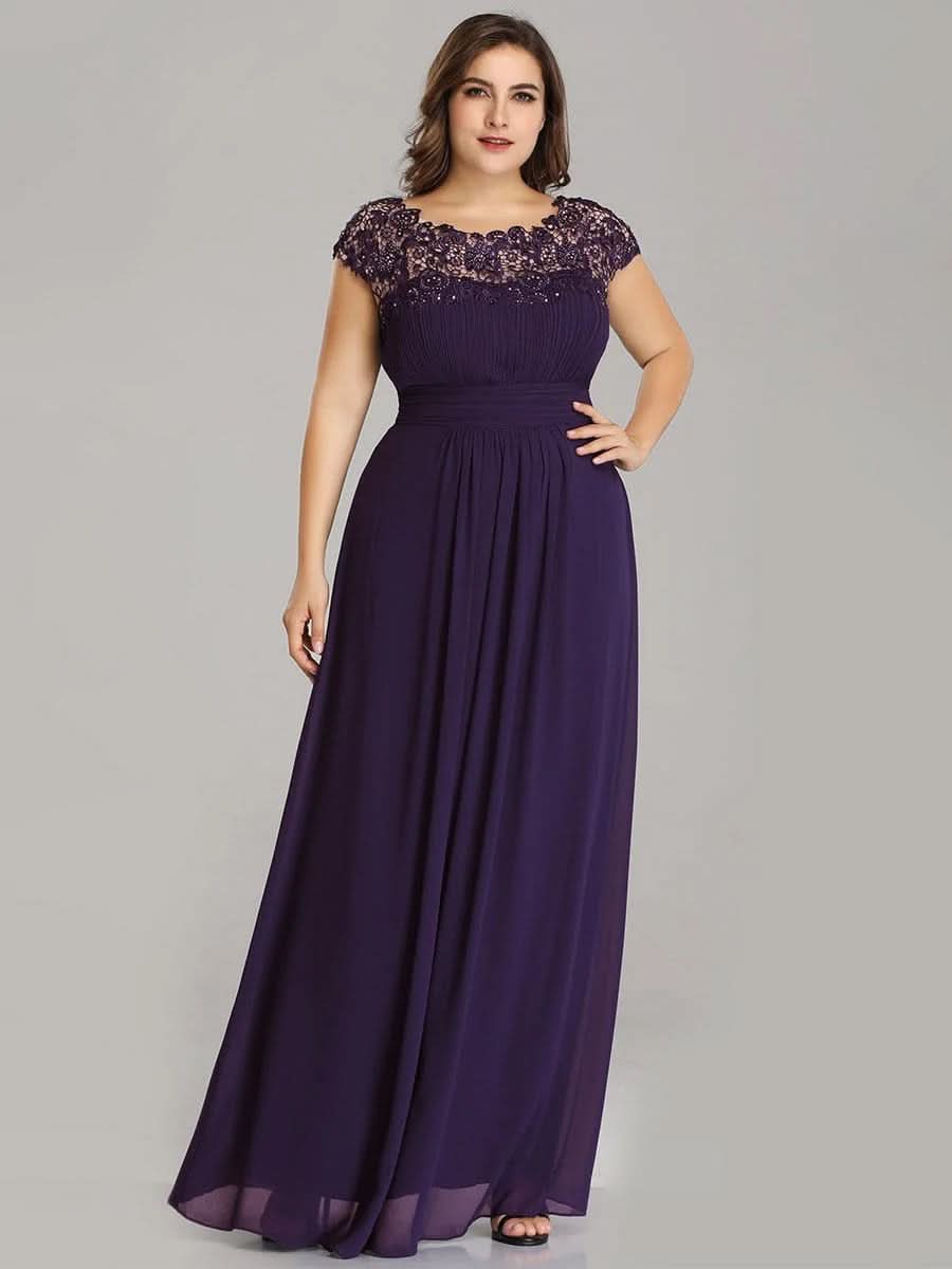 Größe Nach Maß Damen Kurzarm Spitze&Chiffon Lange Abendkleider mit offenem Rücken 09996 #Farbe_Dunkel Violett