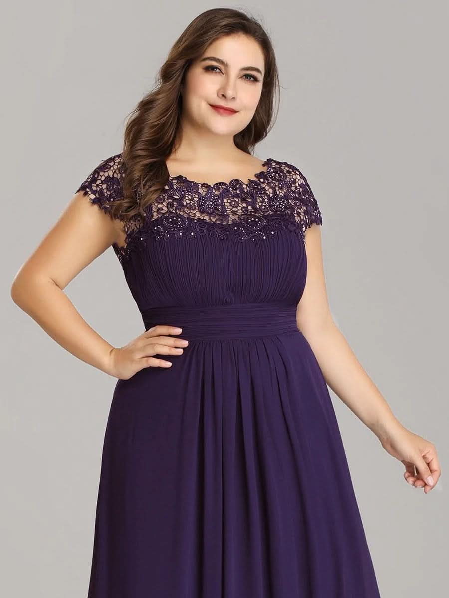 Größe Nach Maß Damen Kurzarm Spitze&Chiffon Lange Abendkleider mit offenem Rücken 09996 #Farbe_Dunkel Violett