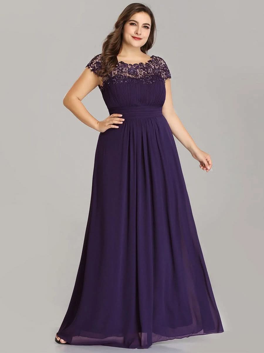 Größe Nach Maß Damen Kurzarm Spitze&Chiffon Lange Abendkleider mit offenem Rücken 09996 #Farbe_Dunkel Violett