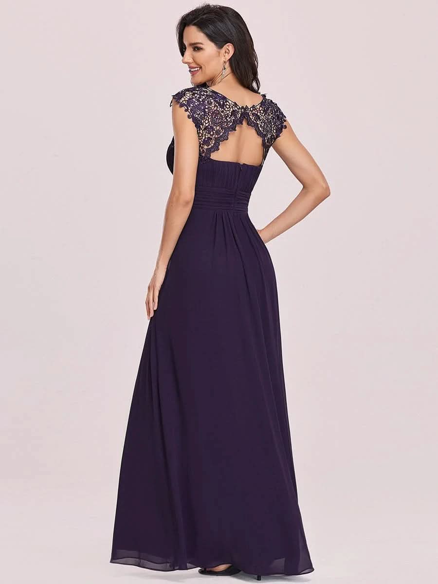 Größe Nach Maß Damen Kurzarm Spitze&Chiffon Lange Abendkleider mit offenem Rücken 09996 #Farbe_Dunkel Violett