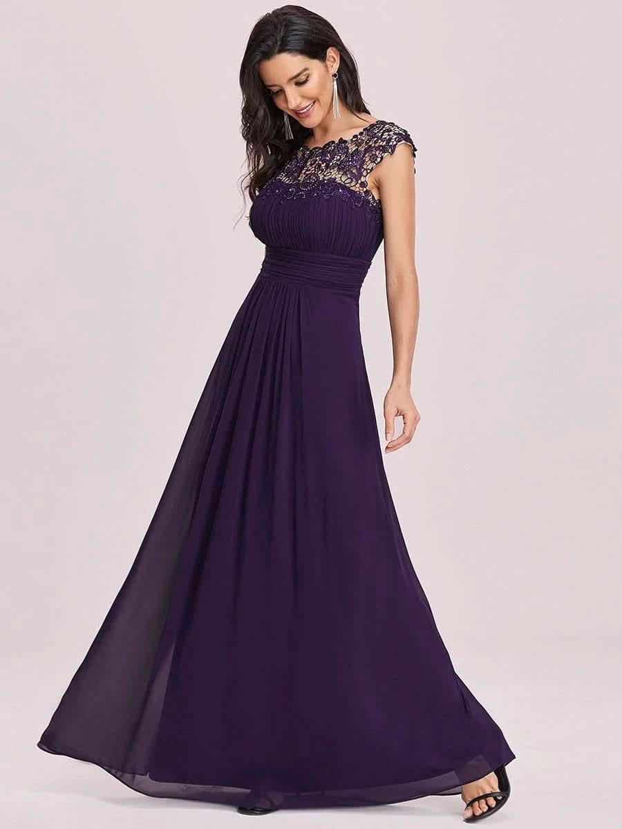 Größe Nach Maß Damen Kurzarm Spitze&Chiffon Lange Abendkleider mit offenem Rücken 09996 #Farbe_Dunkel Violett