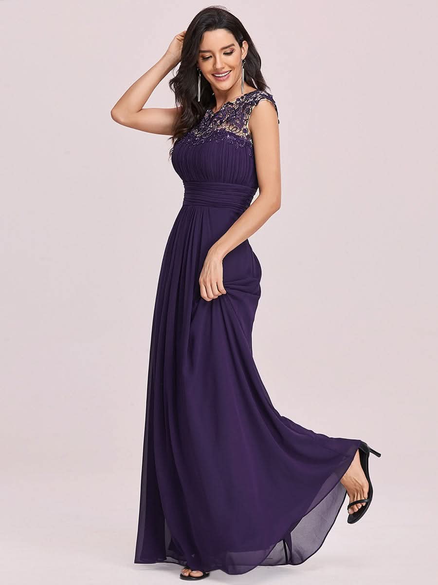 Color=Dunkel Violett| Damen Lace Rueckseite Offen Kurzarme Chiffon Lange Abendkleider 09993-Dunkel Violett 4