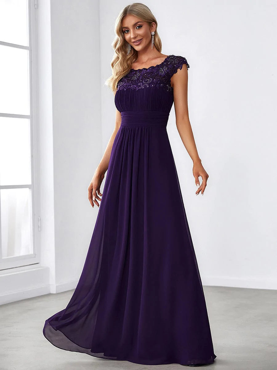 Größe Nach Maß Damen Kurzarm Spitze&Chiffon Lange Abendkleider mit offenem Rücken 09996 #Farbe_Dunkel Violett