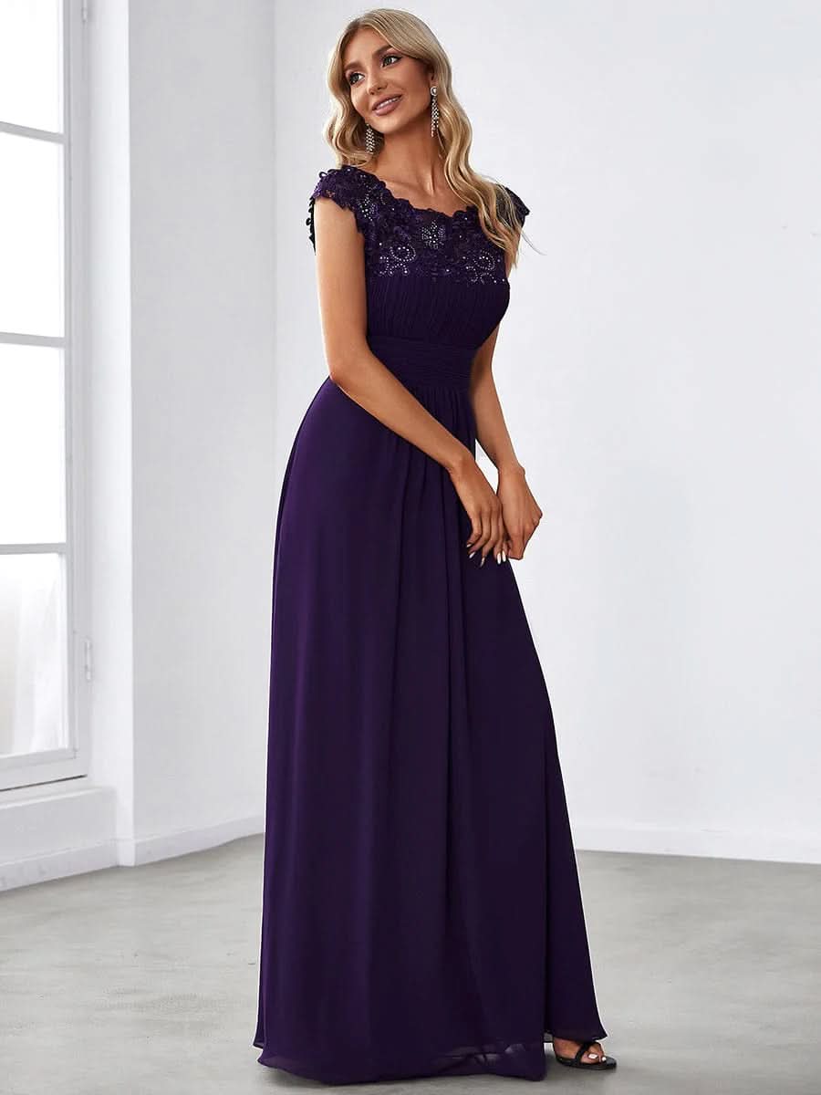 Größe Nach Maß Damen Kurzarm Spitze&Chiffon Lange Abendkleider mit offenem Rücken 09996 #Farbe_Dunkel Violett