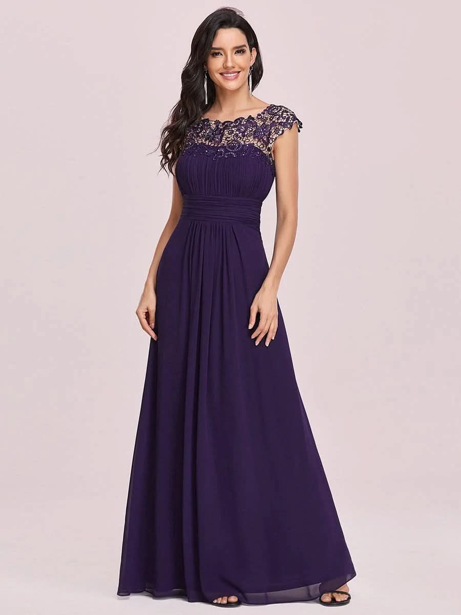 Größe Nach Maß Damen Kurzarm Spitze&Chiffon Lange Abendkleider mit offenem Rücken 09996 #Farbe_Dunkel Violett