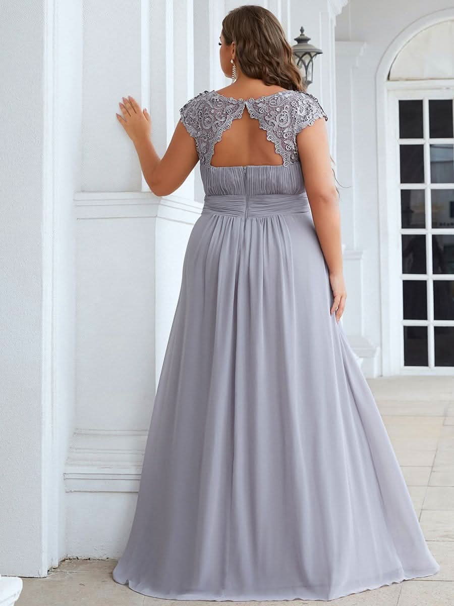 Color=Grau | Plus Size Damen Lace Kurzarme Chiffon Lange Abendkleider 09993-Grau 2
