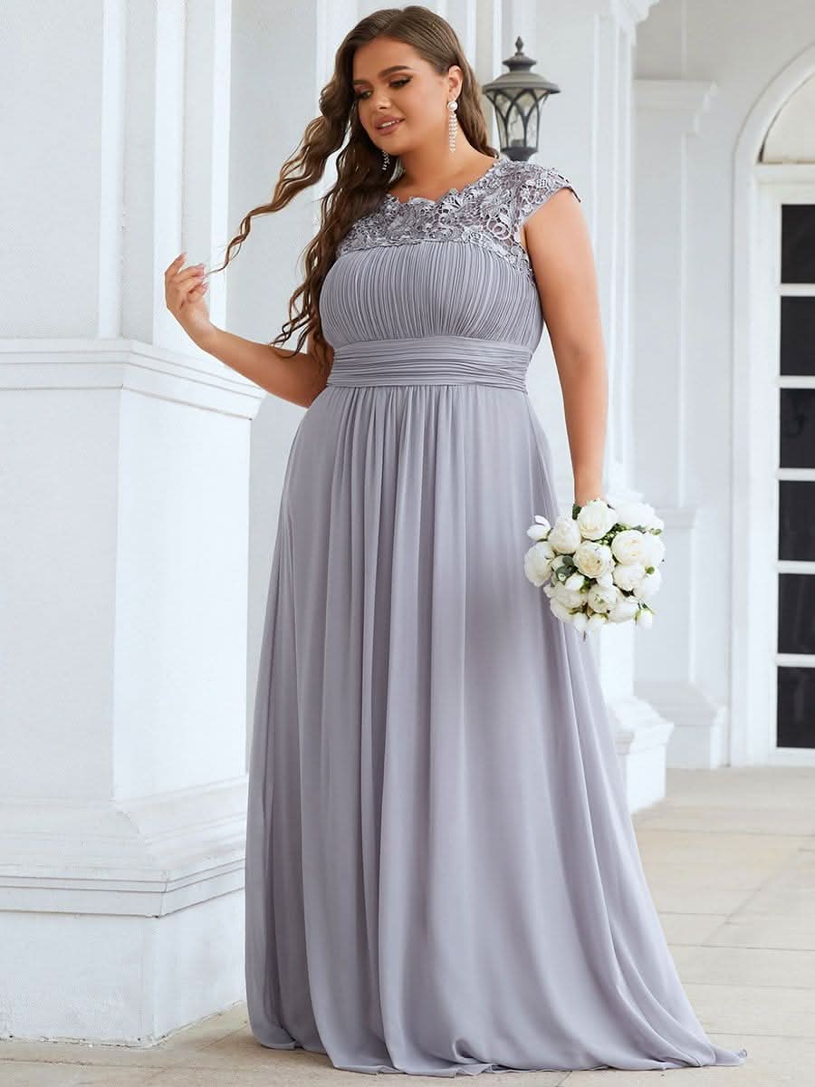 Color=Grau | Plus Size Damen Lace Kurzarme Chiffon Lange Abendkleider 09993-Grau 4