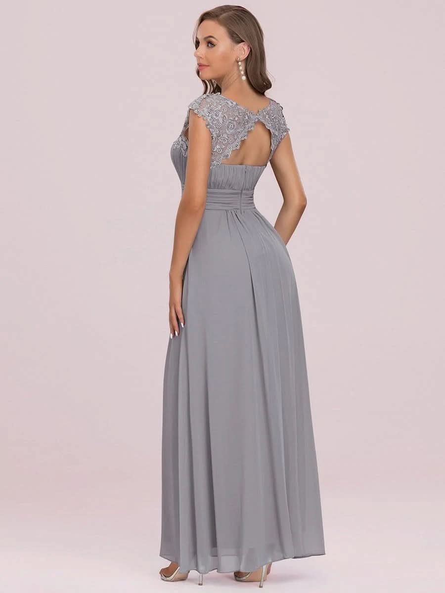 Größe Nach Maß Damen Kurzarm Spitze&Chiffon Lange Abendkleider mit offenem Rücken 09996 #Farbe_Grau