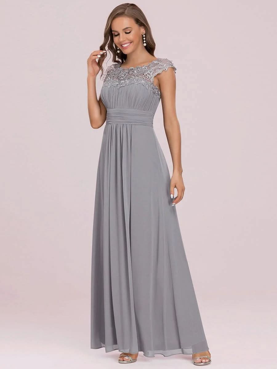 Größe Nach Maß Damen Kurzarm Spitze&Chiffon Lange Abendkleider mit offenem Rücken 09996 #Farbe_Grau