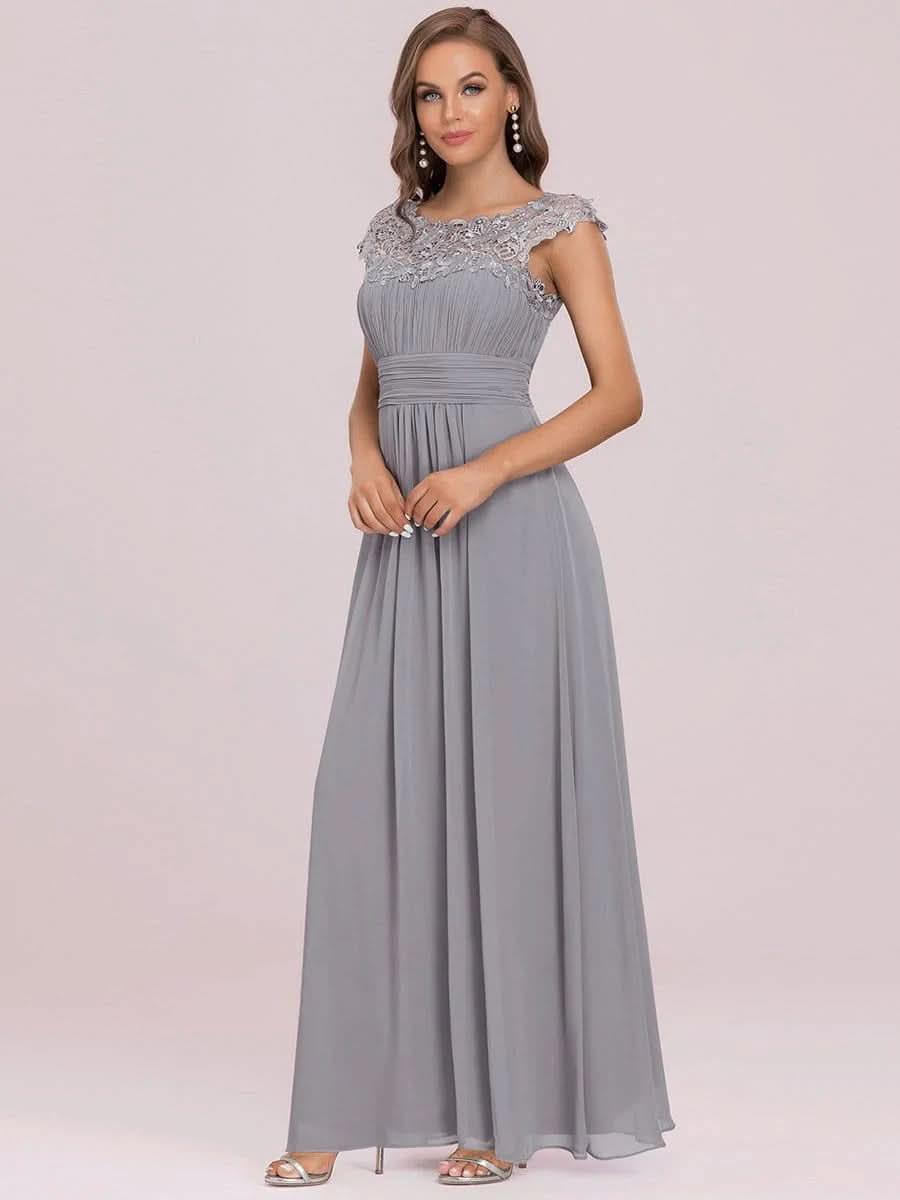 Größe Nach Maß Damen Kurzarm Spitze&Chiffon Lange Abendkleider mit offenem Rücken 09996 #Farbe_Grau