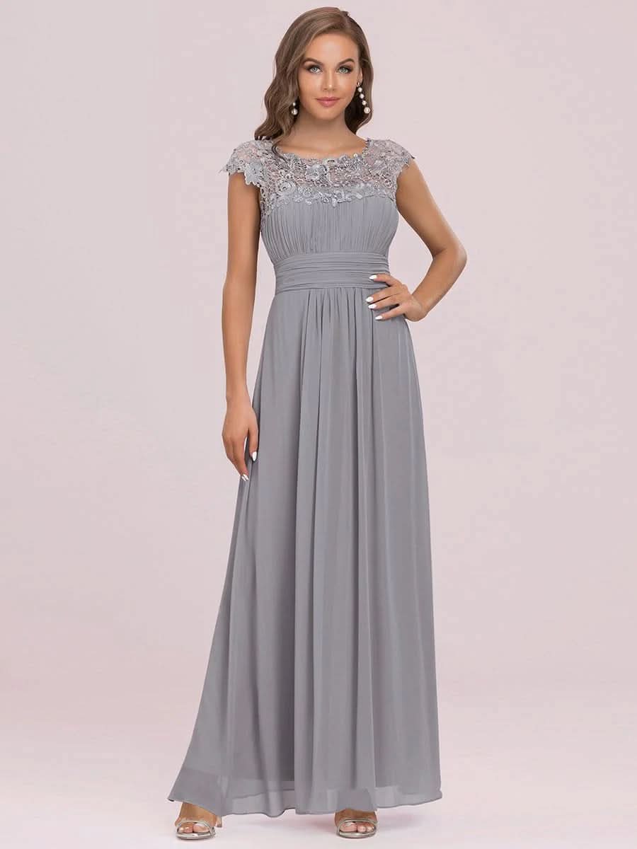 Größe Nach Maß Damen Kurzarm Spitze&Chiffon Lange Abendkleider mit offenem Rücken 09996 #Farbe_Grau