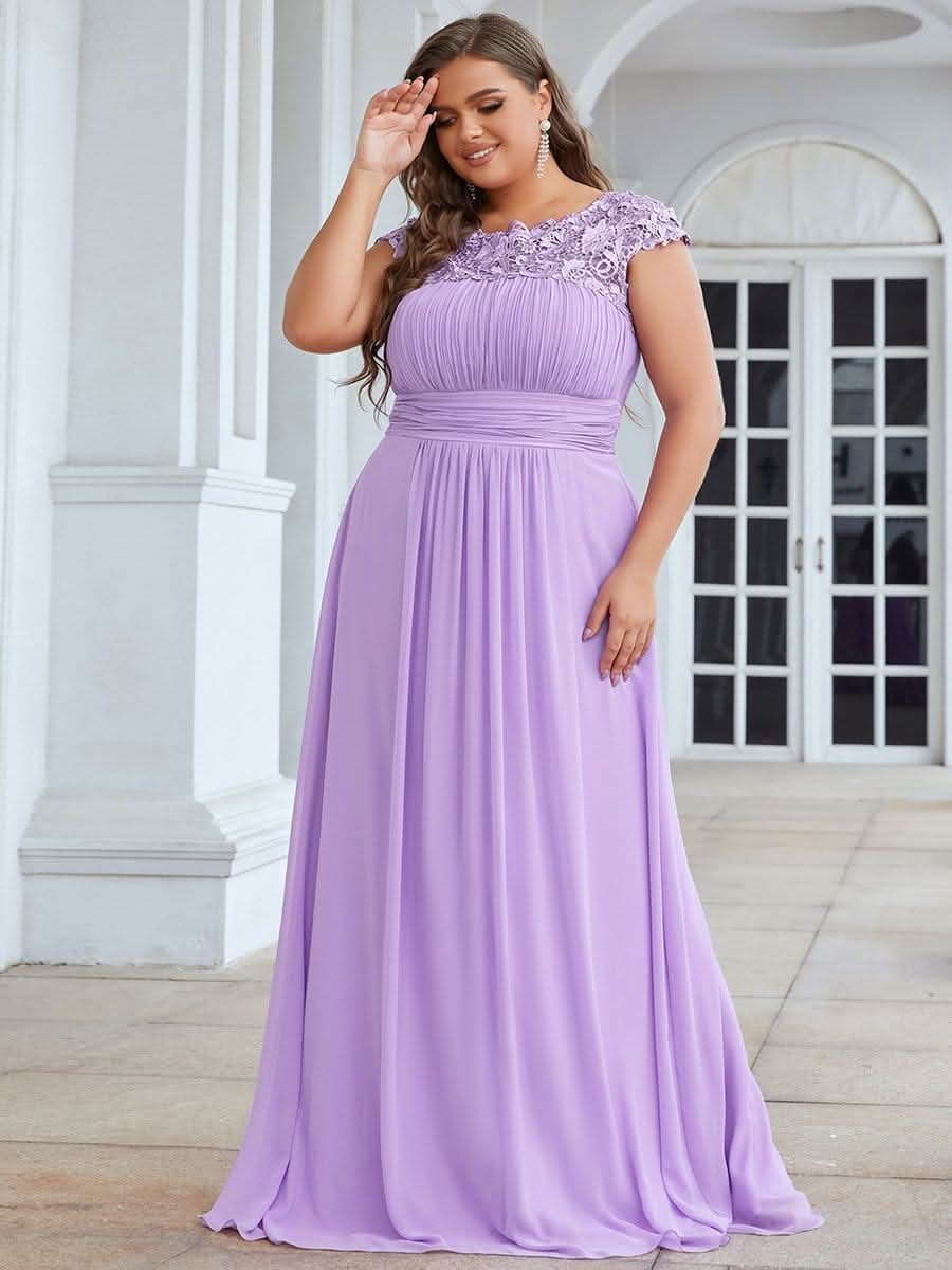 Color=Violett | Plus Size Damen Lace Kurzarme Chiffon Lange Abendkleider 09993-Violett 4
