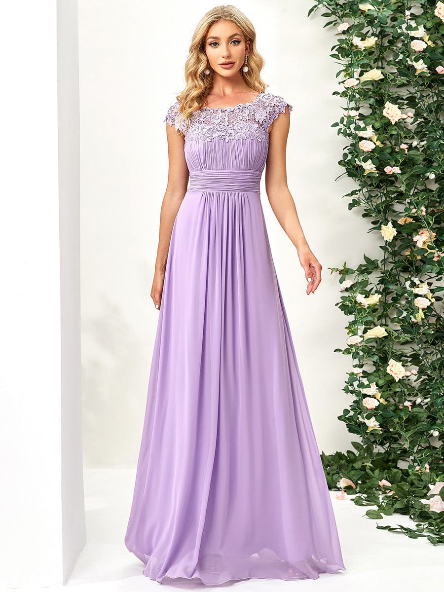 Größe Nach Maß Damen Kurzarm Spitze&Chiffon Lange Abendkleider mit offenem Rücken 09996 #Farbe_Violett