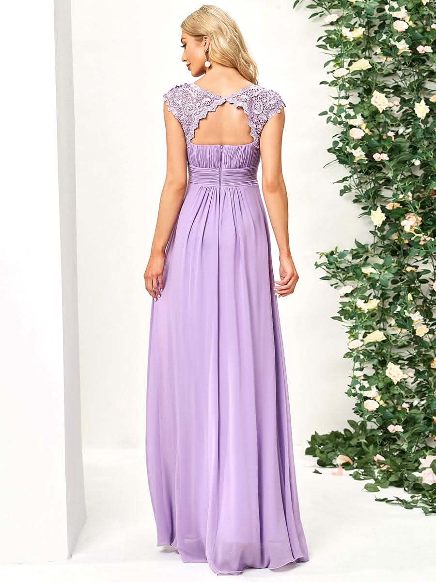 Größe Nach Maß Damen Kurzarm Spitze&Chiffon Lange Abendkleider mit offenem Rücken 09996 #Farbe_Violett