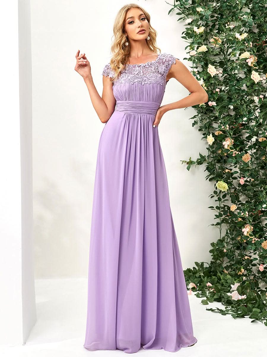 Größe Nach Maß Damen Kurzarm Spitze&Chiffon Lange Abendkleider mit offenem Rücken 09996 #Farbe_Violett