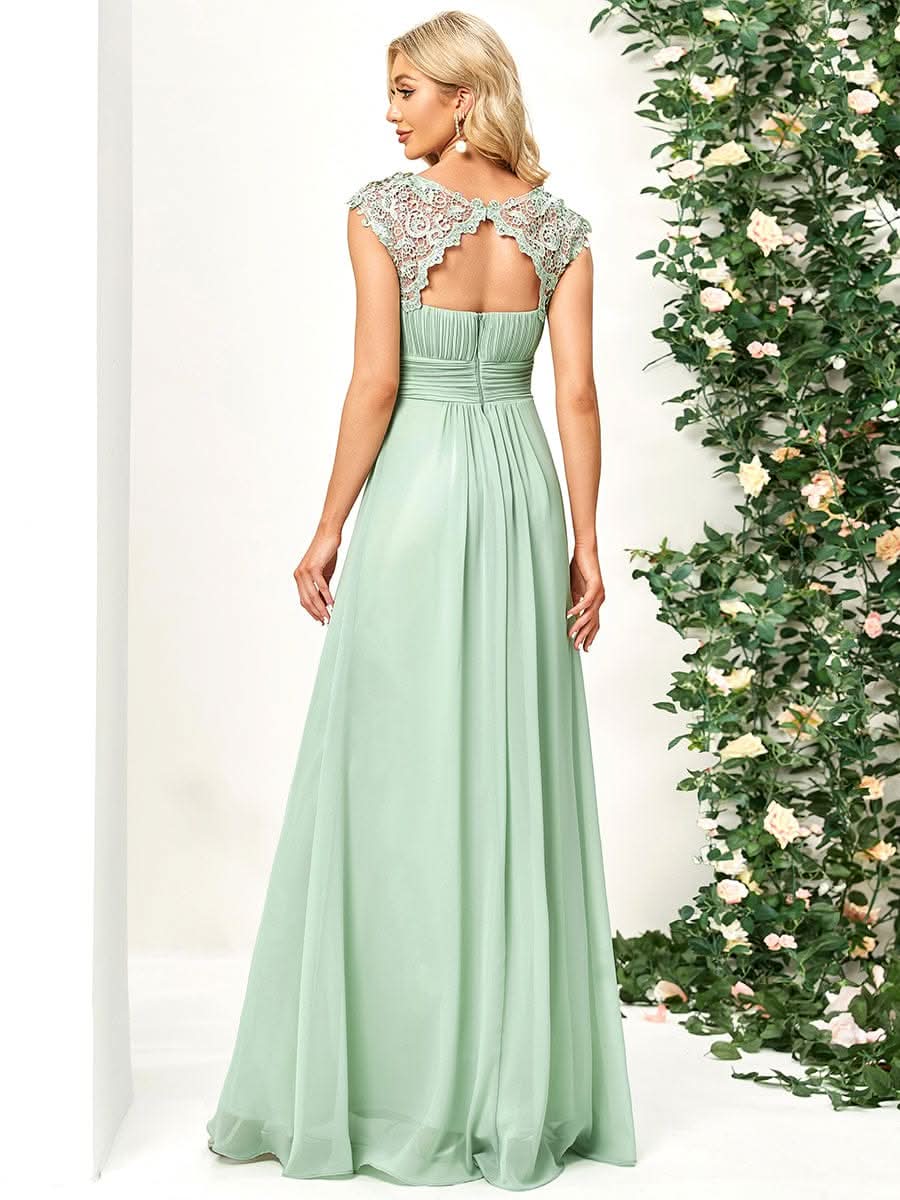 Color=Mint Gruen | Damen Lace Rueckseite Offen Kurzarme Chiffon Lange Abendkleider 09993-Mint Gruen 2