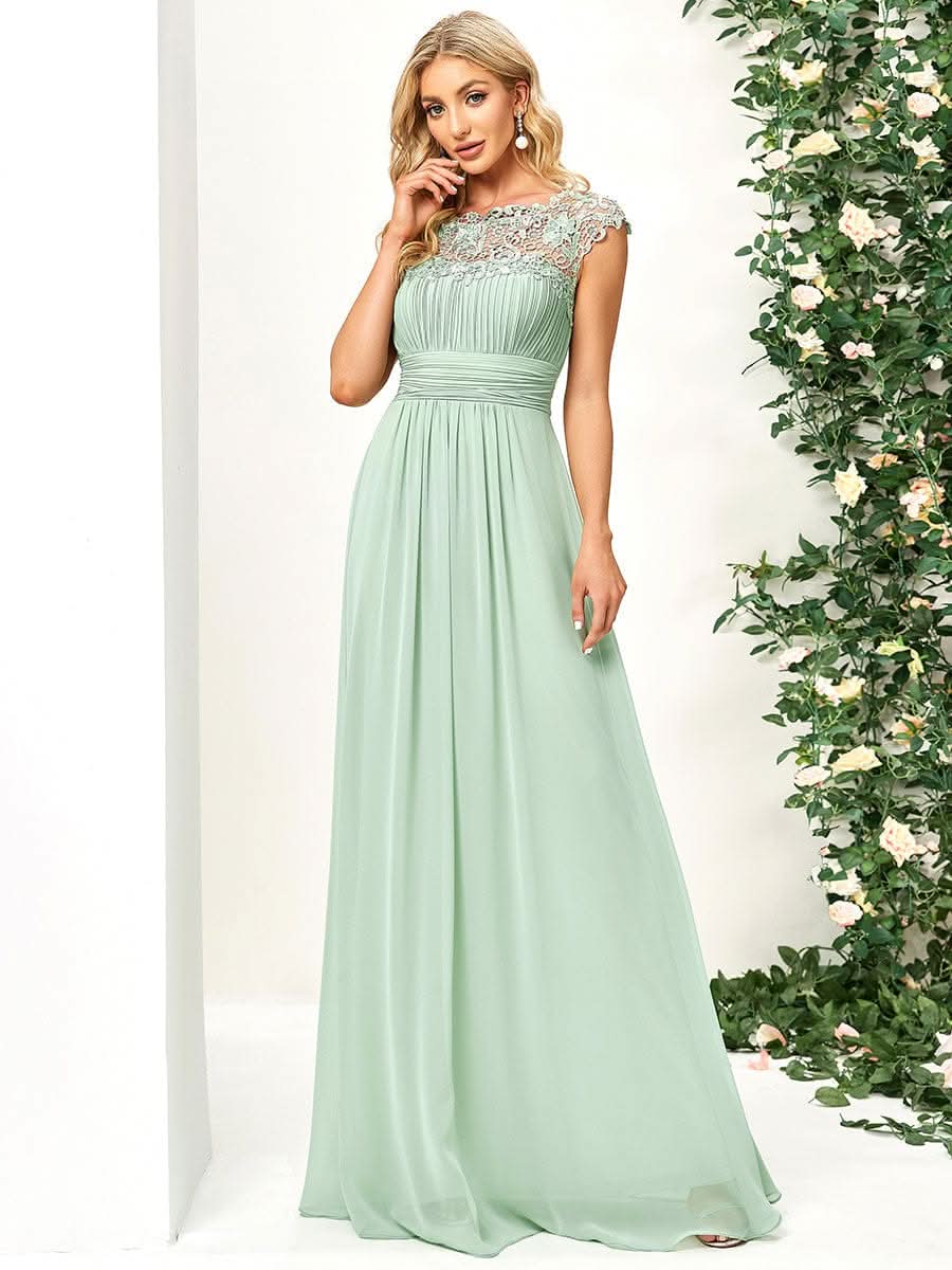 Größe Nach Maß Damen Kurzarm Spitze&Chiffon Lange Abendkleider mit offenem Rücken 09996 #Farbe_Mint Gruen