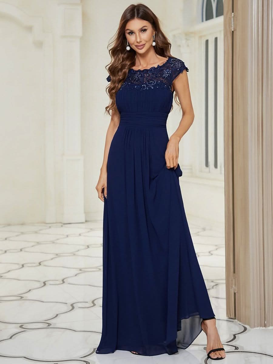 Color=Navy Blau | Damen Lace Rueckseite Offen Kurzarme Chiffon Lange Abendkleider 09993-Navy Blau 3