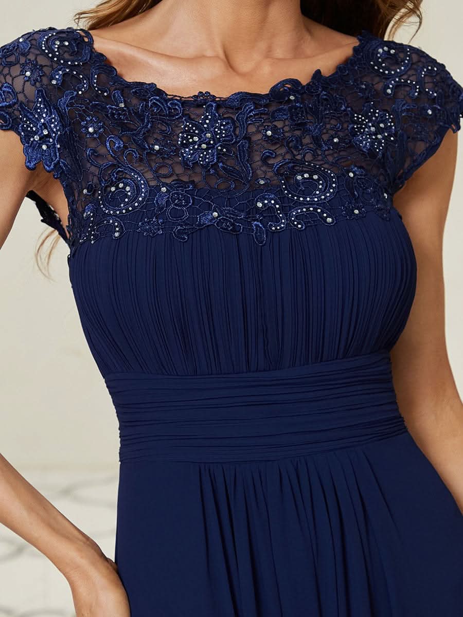 Größe Nach Maß Damen Kurzarm Spitze&Chiffon Lange Abendkleider mit offenem Rücken 09996 #Farbe_Navy Blau