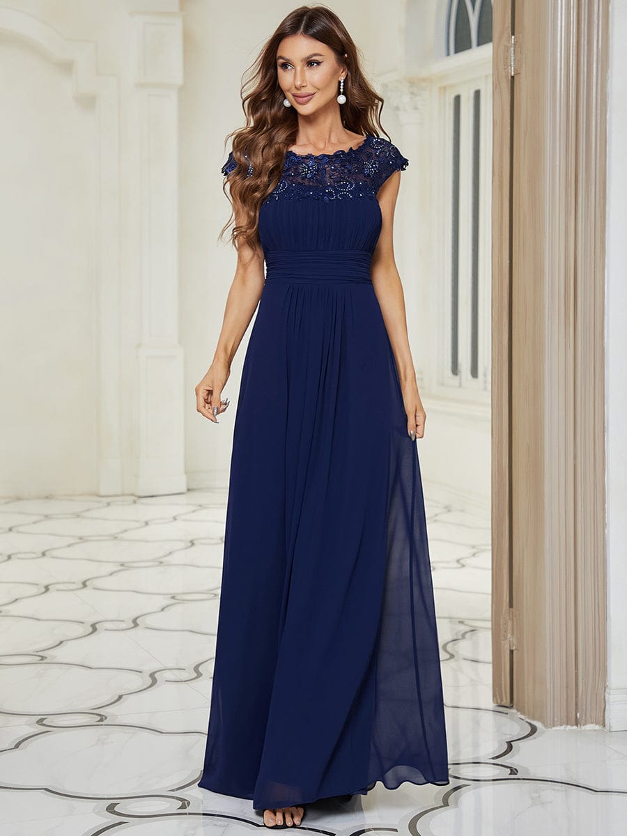 Größe Nach Maß Damen Kurzarm Spitze&Chiffon Lange Abendkleider mit offenem Rücken 09996 #Farbe_Navy Blau