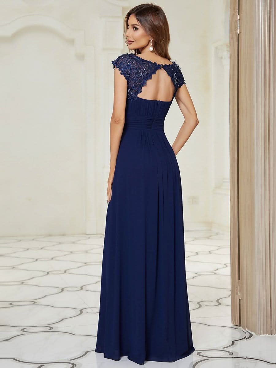 Color=Navy Blau | Damen Lace Rueckseite Offen Kurzarme Chiffon Lange Abendkleider 09993-Navy Blau 2