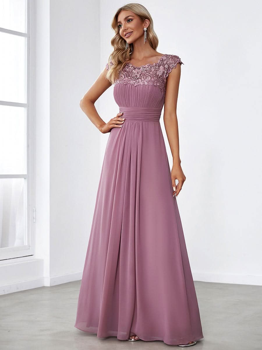 Größe Nach Maß Damen Kurzarm Spitze&Chiffon Lange Abendkleider mit offenem Rücken 09996 #Farbe_Orchid