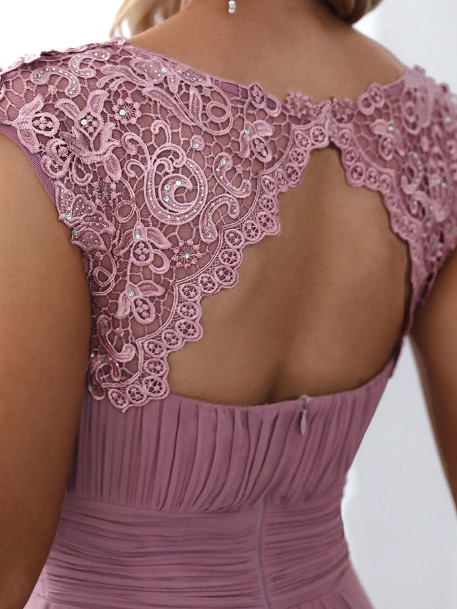 Größe Nach Maß Damen Kurzarm Spitze&Chiffon Lange Abendkleider mit offenem Rücken 09996 #Farbe_Orchid