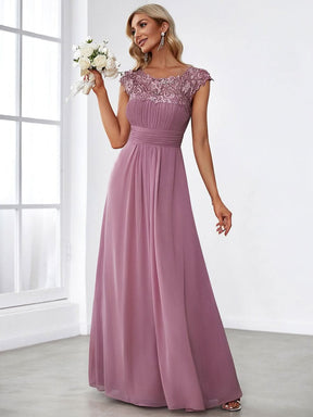 Größe Nach Maß Damen Kurzarm Spitze&Chiffon Lange Abendkleider mit offenem Rücken 09996