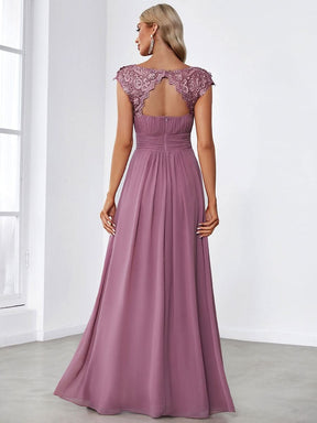 Größe Nach Maß Damen Kurzarm Spitze&Chiffon Lange Abendkleider mit offenem Rücken 09996