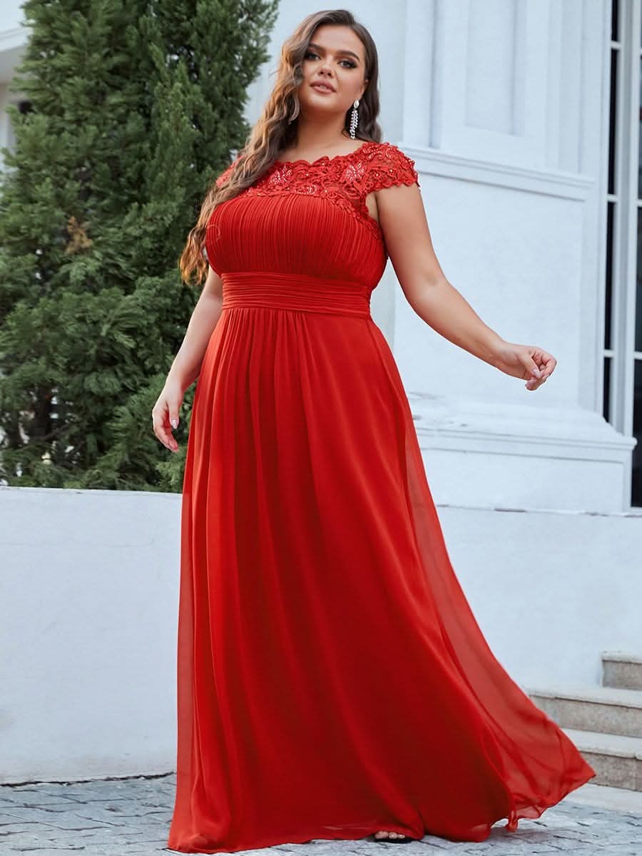 Color=Rot | Plus Size Damen Lace Kurzarme Chiffon Lange Abendkleider 09993-Rot 4