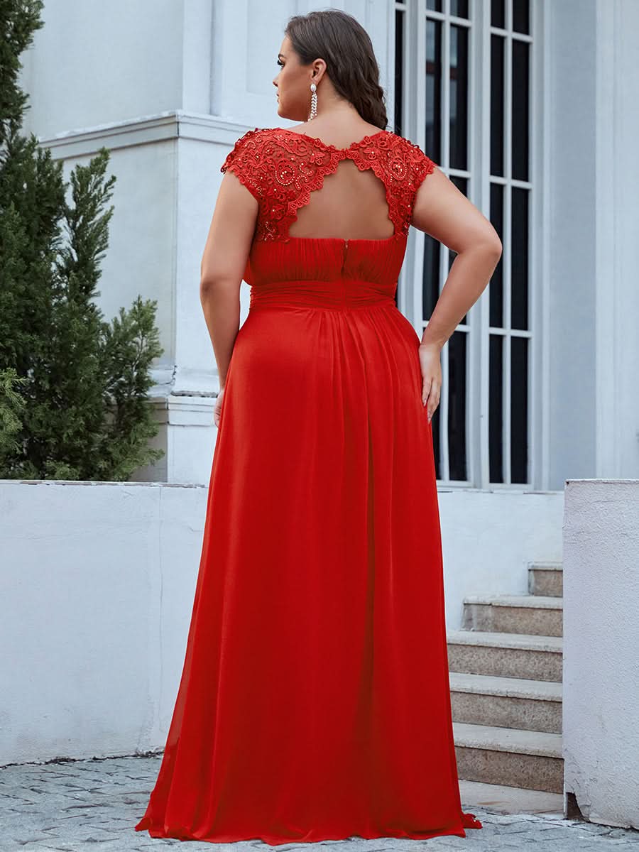 Größe Nach Maß Damen Kurzarm Spitze&Chiffon Lange Abendkleider mit offenem Rücken 09996 #Farbe_Rot