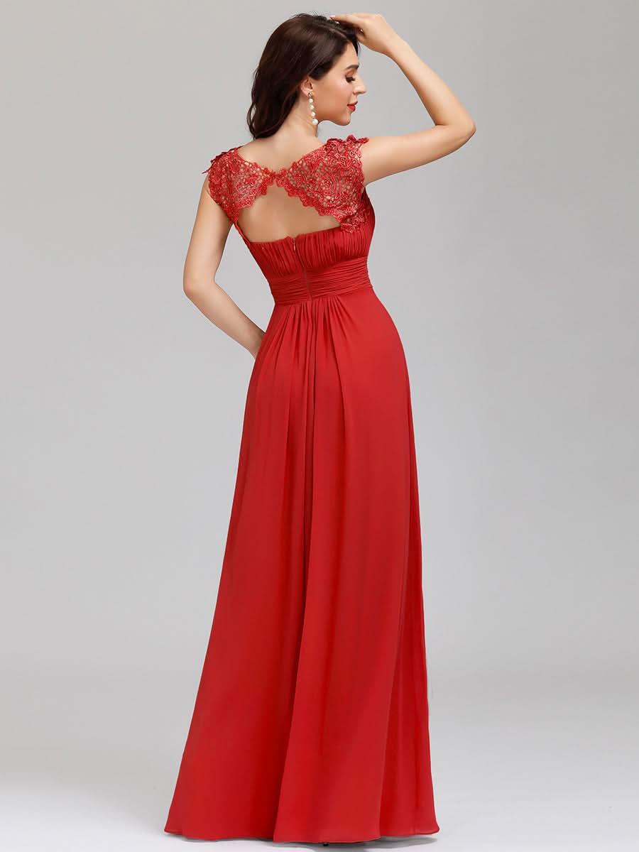 Größe Nach Maß Damen Kurzarm Spitze&Chiffon Lange Abendkleider mit offenem Rücken 09996 #Farbe_Rot