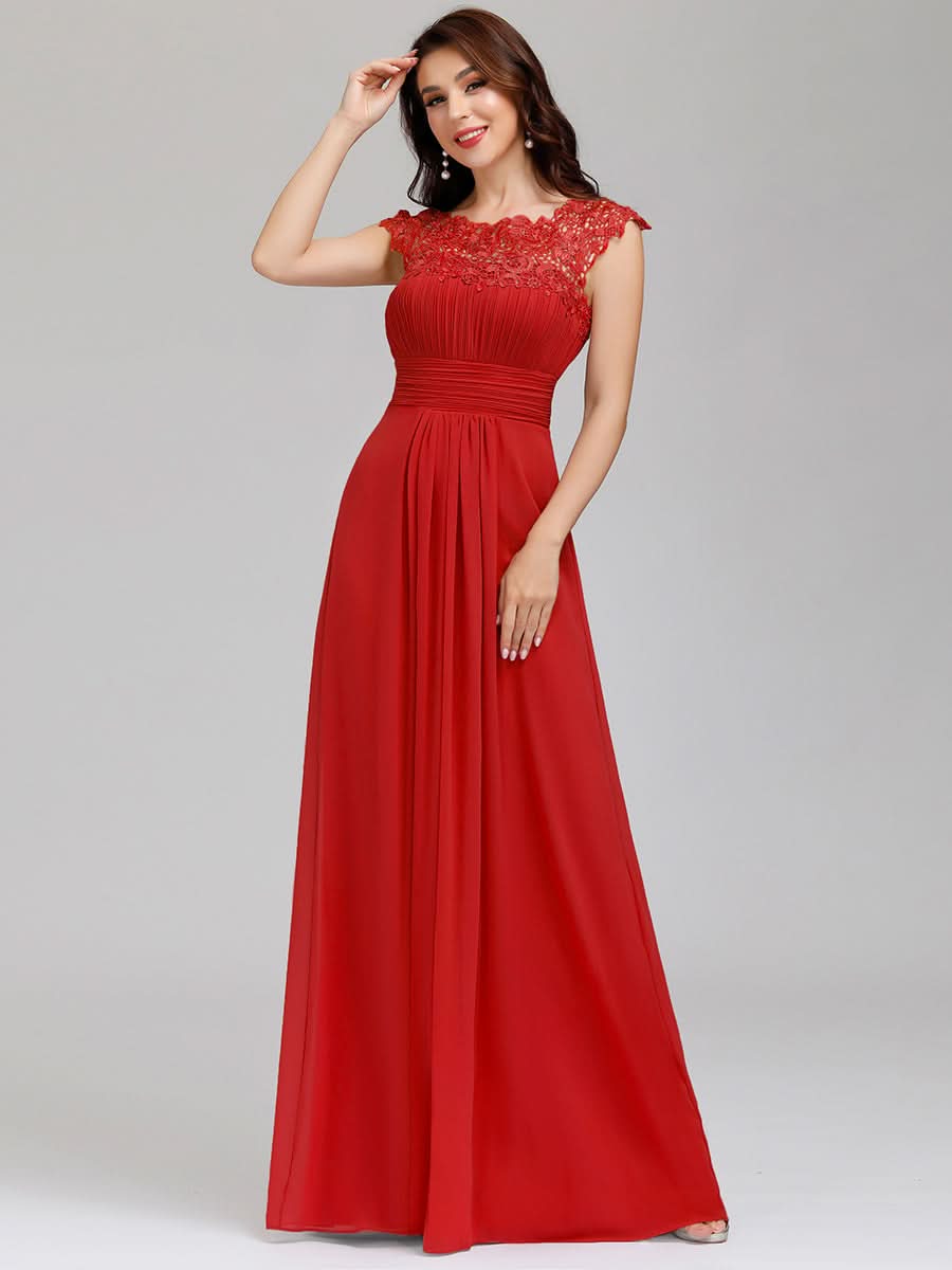 Größe Nach Maß Damen Kurzarm Spitze&Chiffon Lange Abendkleider mit offenem Rücken 09996