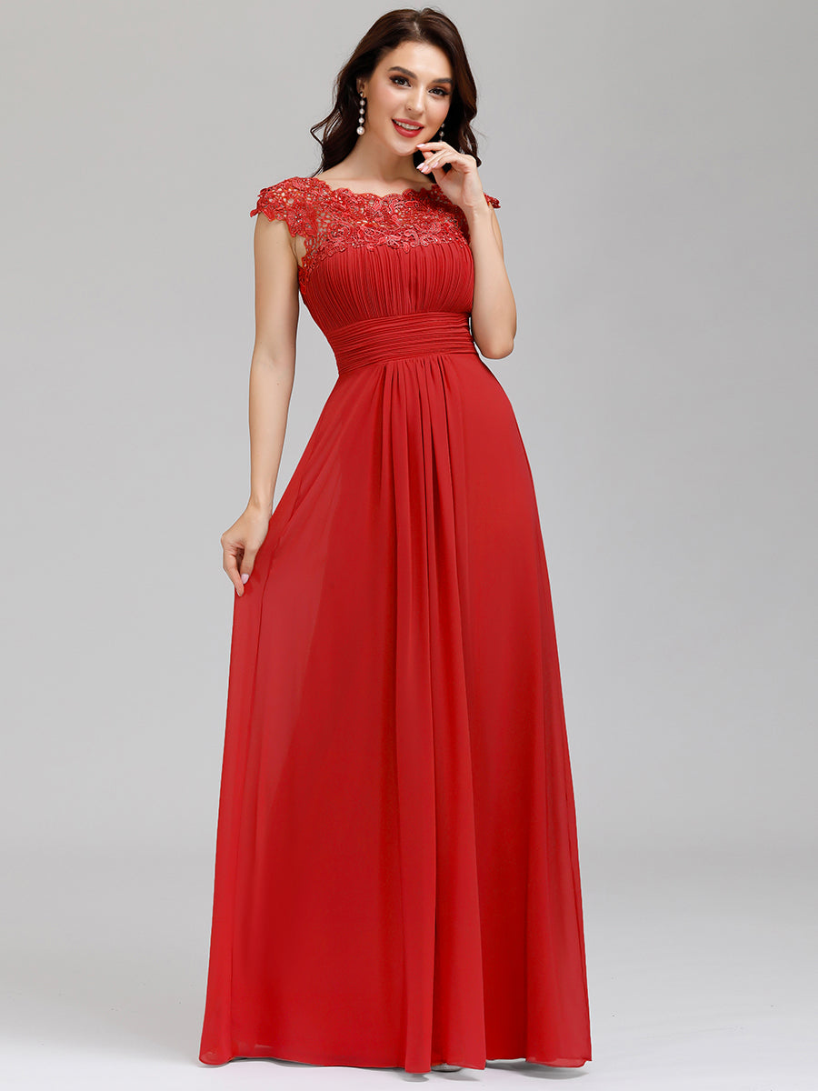 Größe Nach Maß Damen Kurzarm Spitze&Chiffon Lange Abendkleider mit offenem Rücken 09996 #Farbe_Rot