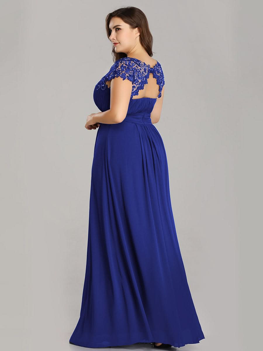 Größe Nach Maß Damen Kurzarm Spitze&Chiffon Lange Abendkleider mit offenem Rücken 10002 #Farbe_Saphirblau