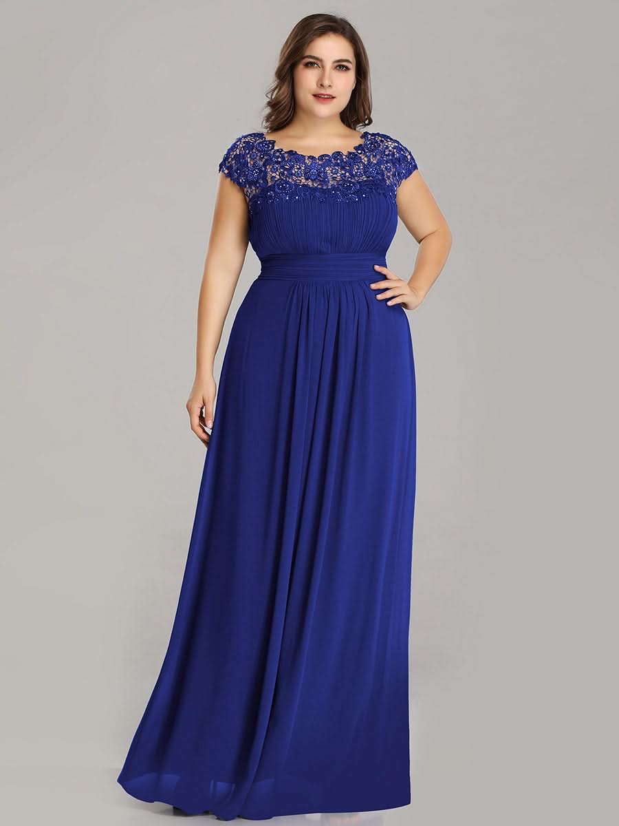 Größe Nach Maß Damen Kurzarm Spitze&Chiffon Lange Abendkleider mit offenem Rücken 10001 #Farbe_Saphirblau