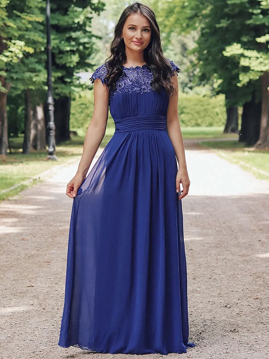 Größe Nach Maß Damen Kurzarm Spitze&Chiffon Lange Abendkleider mit offenem Rücken 10000 #Farbe_Saphirblau