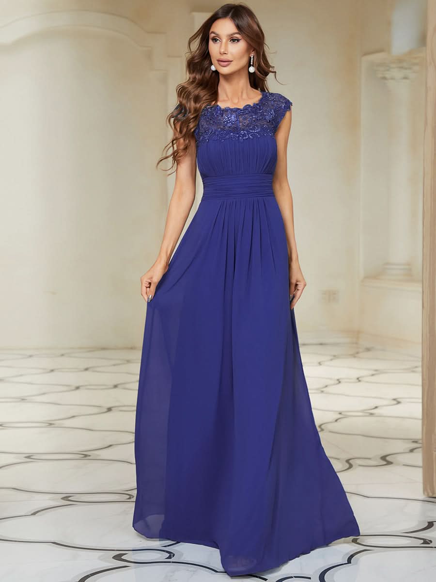 Größe Nach Maß Damen Kurzarm Spitze&Chiffon Lange Abendkleider mit offenem Rücken 09998 #Farbe_Saphirblau