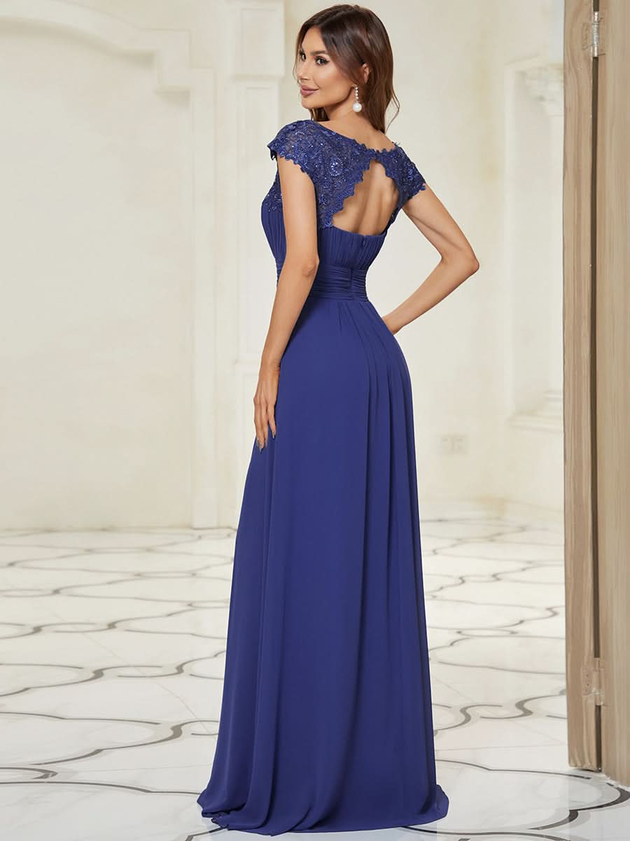 Größe Nach Maß Damen Kurzarm Spitze&Chiffon Lange Abendkleider mit offenem Rücken 09997 #Farbe_Saphirblau